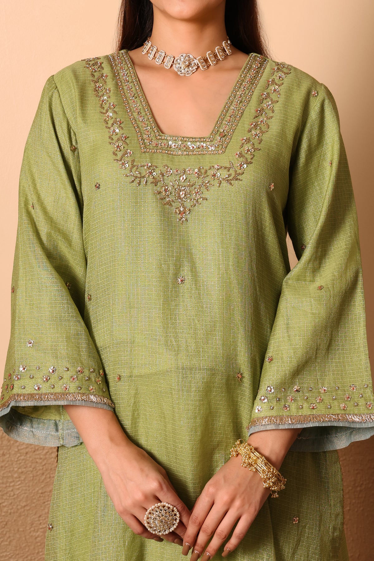 Amaira- Green Kota Tissue Kurta, pants and kota zari Dupatta Set