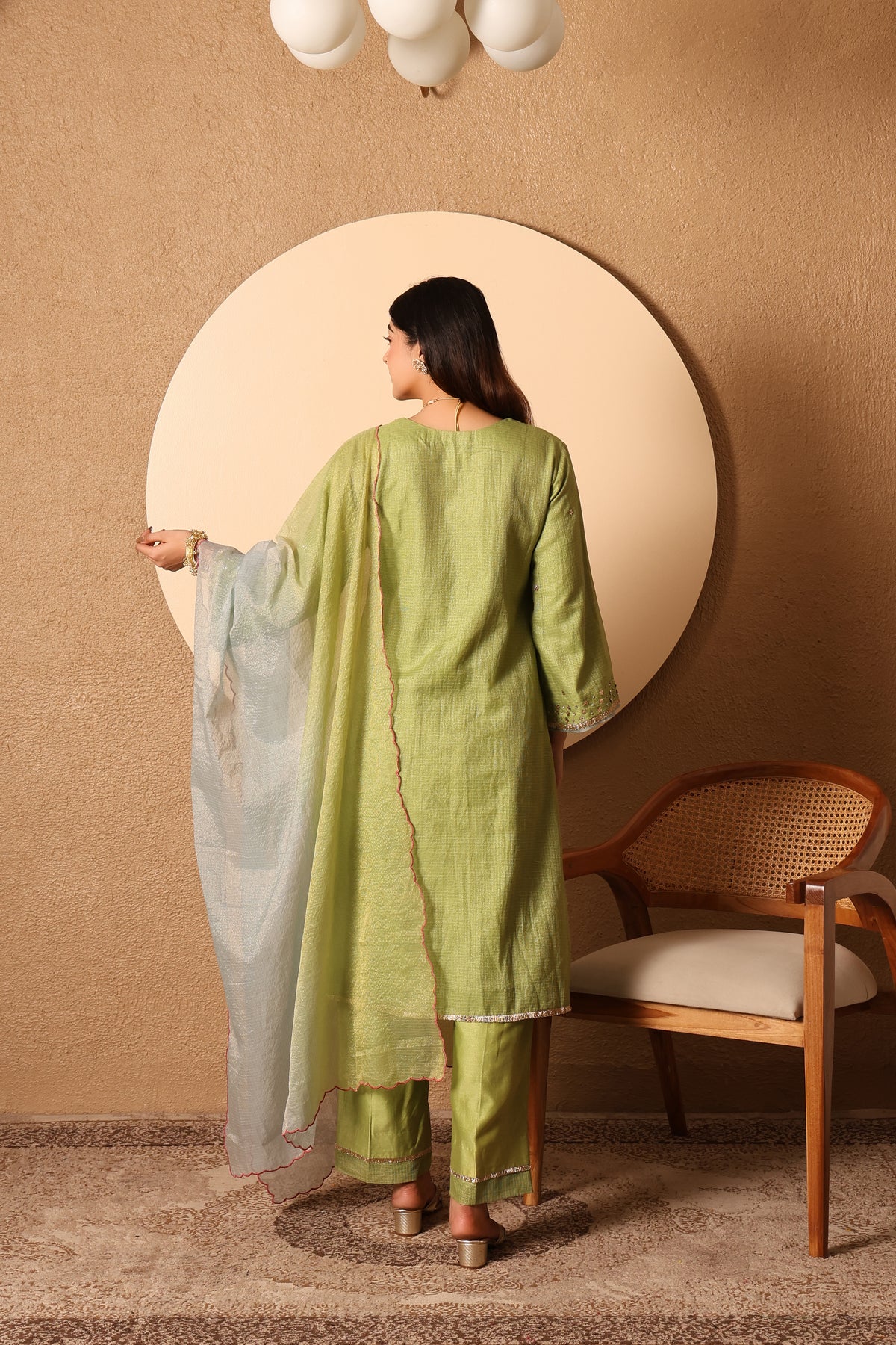 Amaira- Green Kota Tissue Kurta, pants and kota zari Dupatta Set