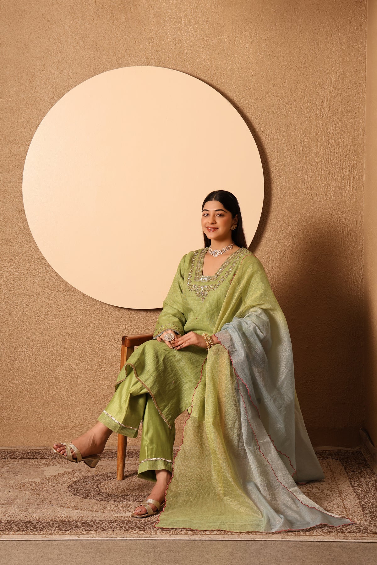 Amaira- Green Kota Tissue Kurta, pants and kota zari Dupatta Set