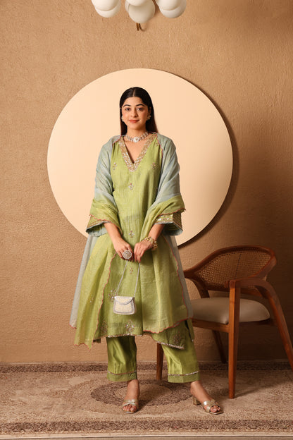 Veda- Green Kota zari Kurta, pants and kota zari Dupatta Set