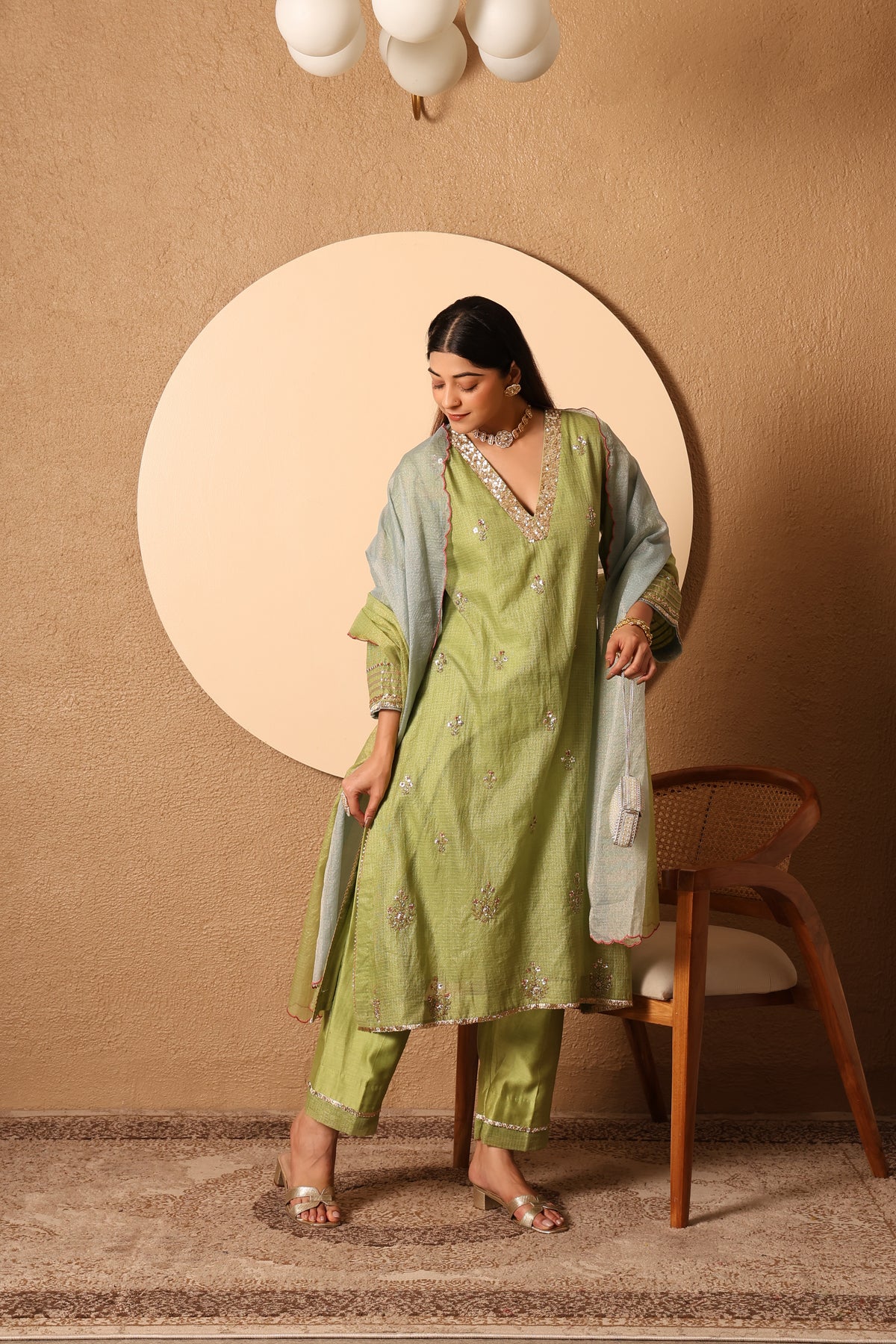 Veda- Green Kota zari Kurta, pants and kota zari Dupatta Set
