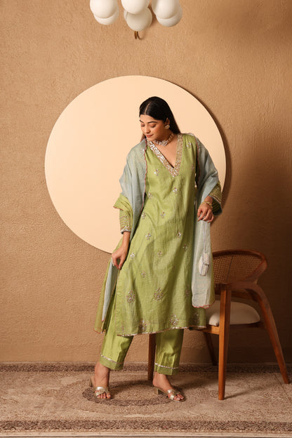 Veda- Green Kota zari Kurta, pants and kota zari Dupatta Set