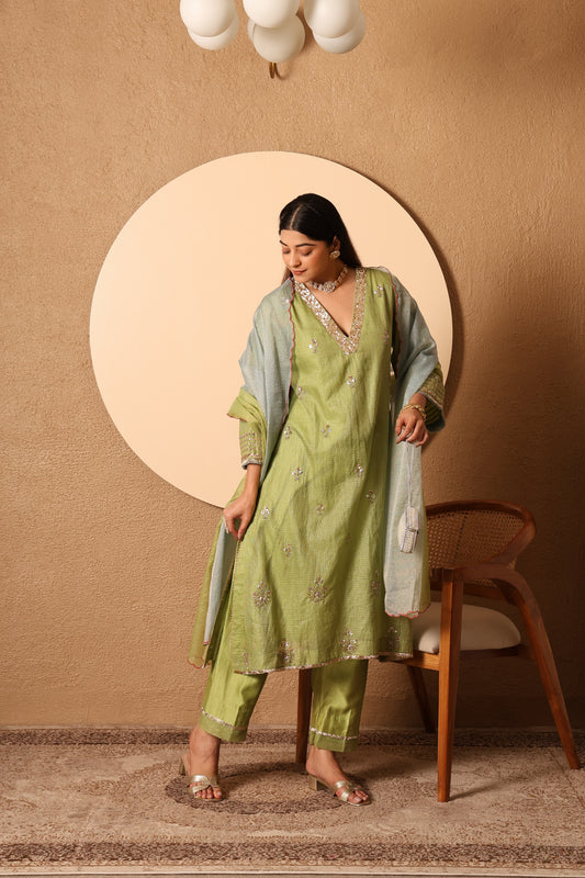 Veda- Green Kota zari Kurta, pants and kota zari Dupatta Set