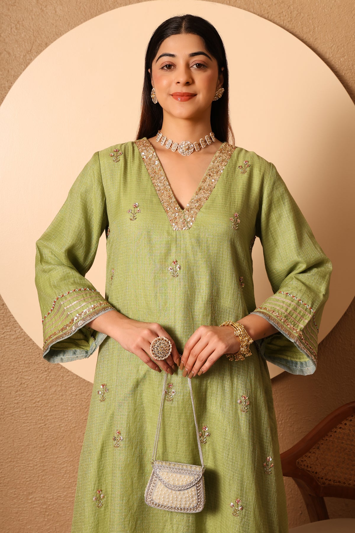 Veda- Green Kota zari Kurta, pants and kota zari Dupatta Set