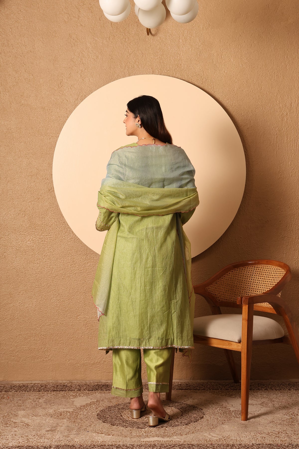 Veda- Green Kota zari Kurta, pants and kota zari Dupatta Set