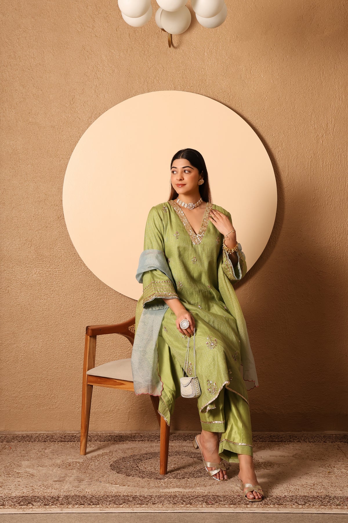 Veda- Green Kota zari Kurta, pants and kota zari Dupatta Set