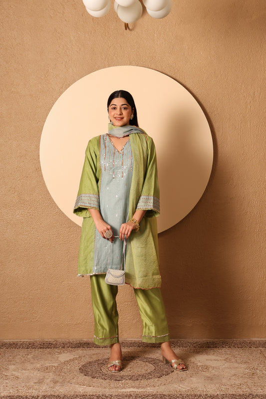 Avni- Blue & Green Kota Tissue Hand Embroidered Suit