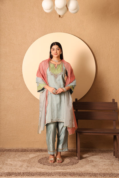 Niva- Blue & Green yoke Kota Tissue Hand Embroidered Suit