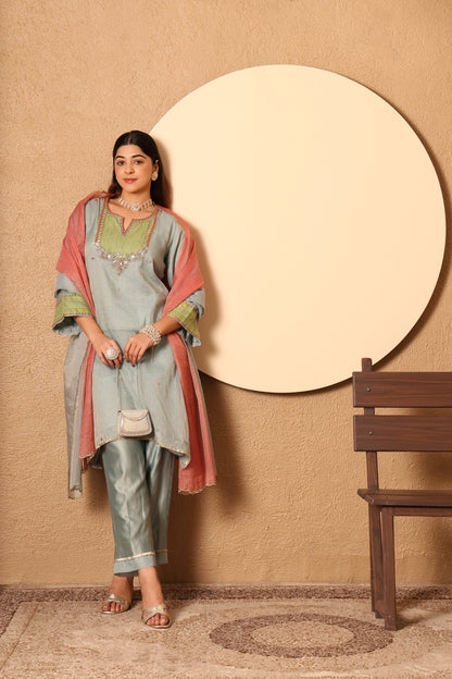 Niva- Blue & Green yoke Kota Tissue Hand Embroidered Suit