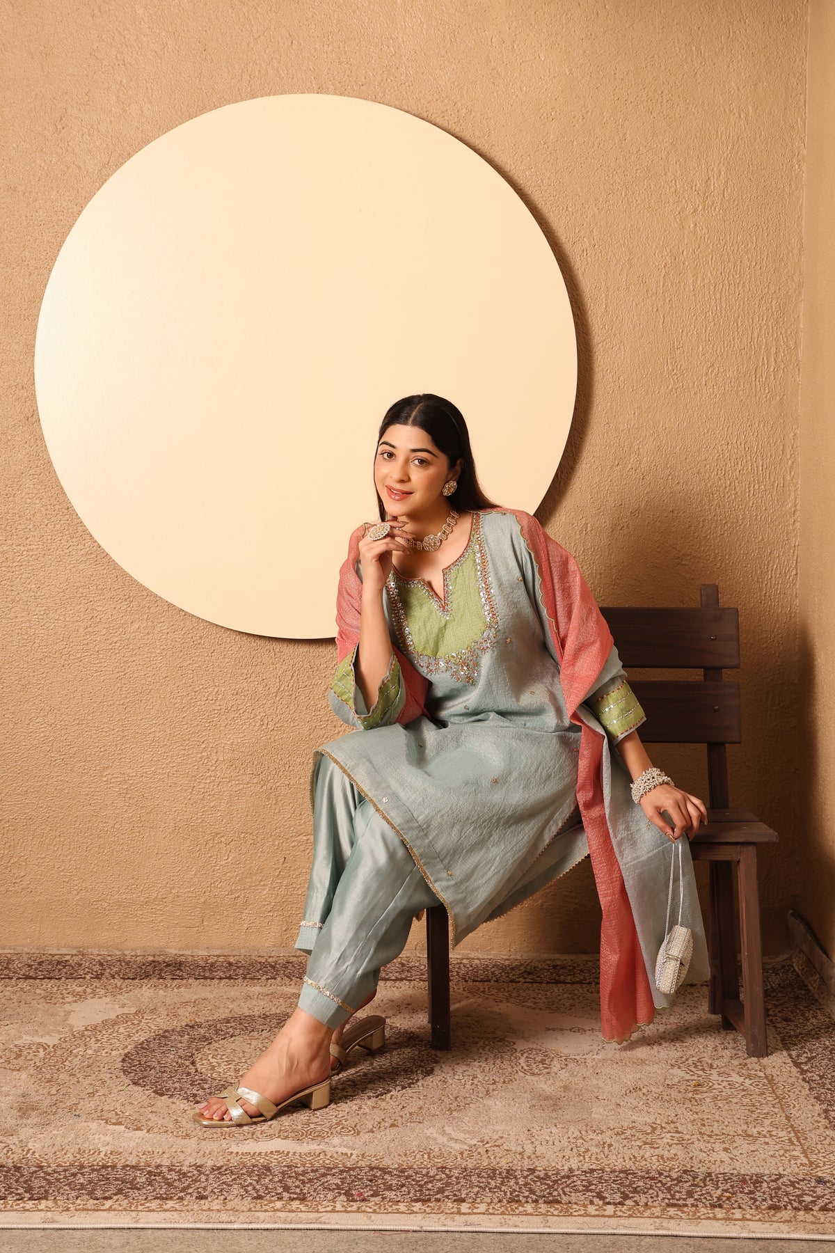 Niva- Blue & Green yoke Kota Tissue Hand Embroidered Suit