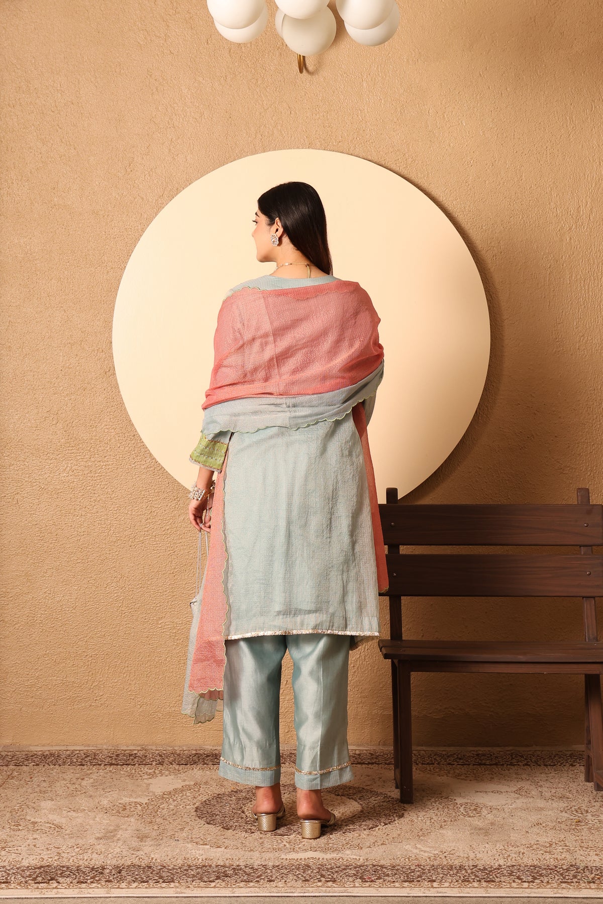 Niva- Blue & Green yoke Kota Tissue Hand Embroidered Suit