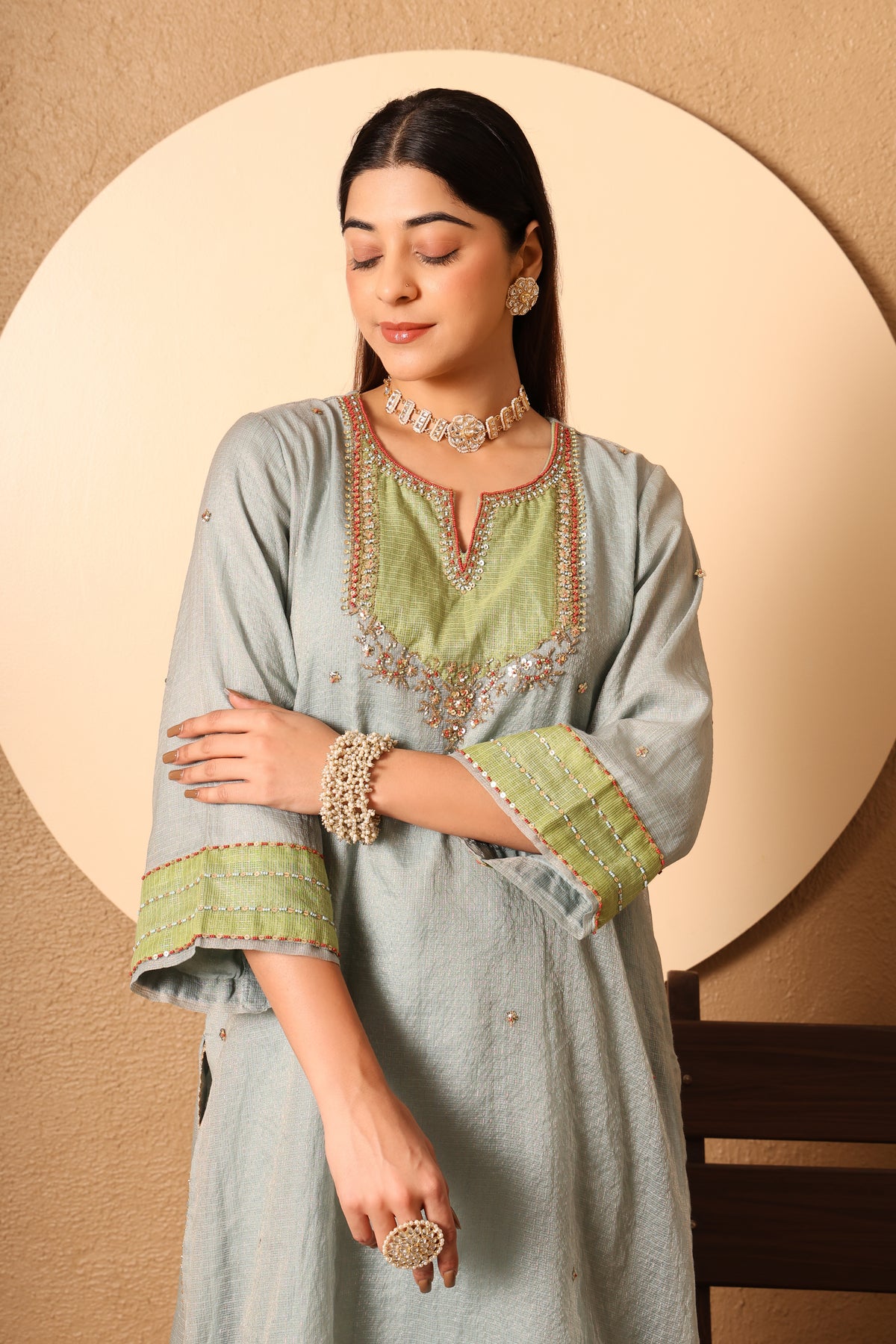 Niva- Blue & Green yoke Kota Tissue Hand Embroidered Suit