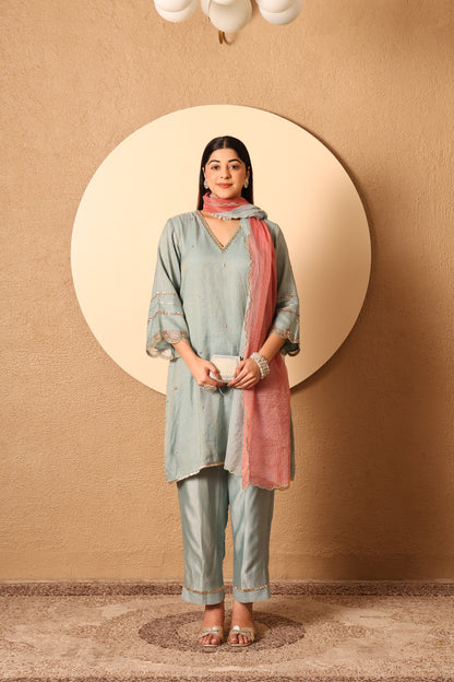 Inaya- Blue Kota Tissue Hand Embroidered Suit
