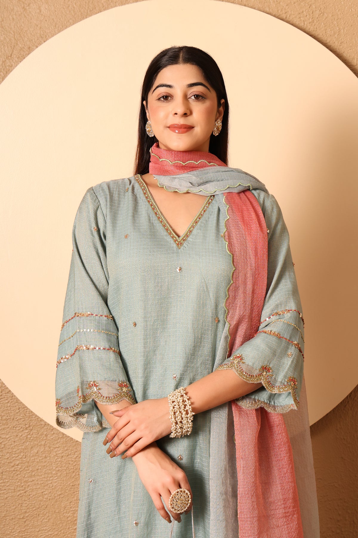 Inaya- Blue Kota Tissue Hand Embroidered Suit