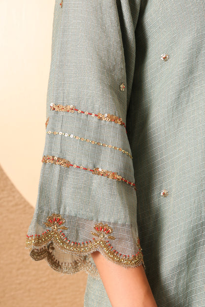 Inaya- Blue Kota Tissue Hand Embroidered Suit