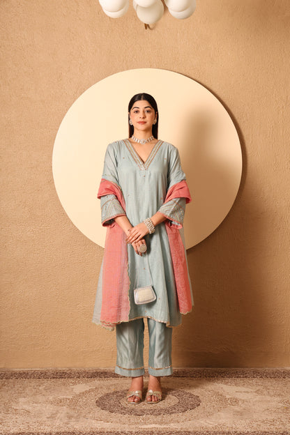 Rooh- Blue Kota Tissue Hand Embroidered Suit