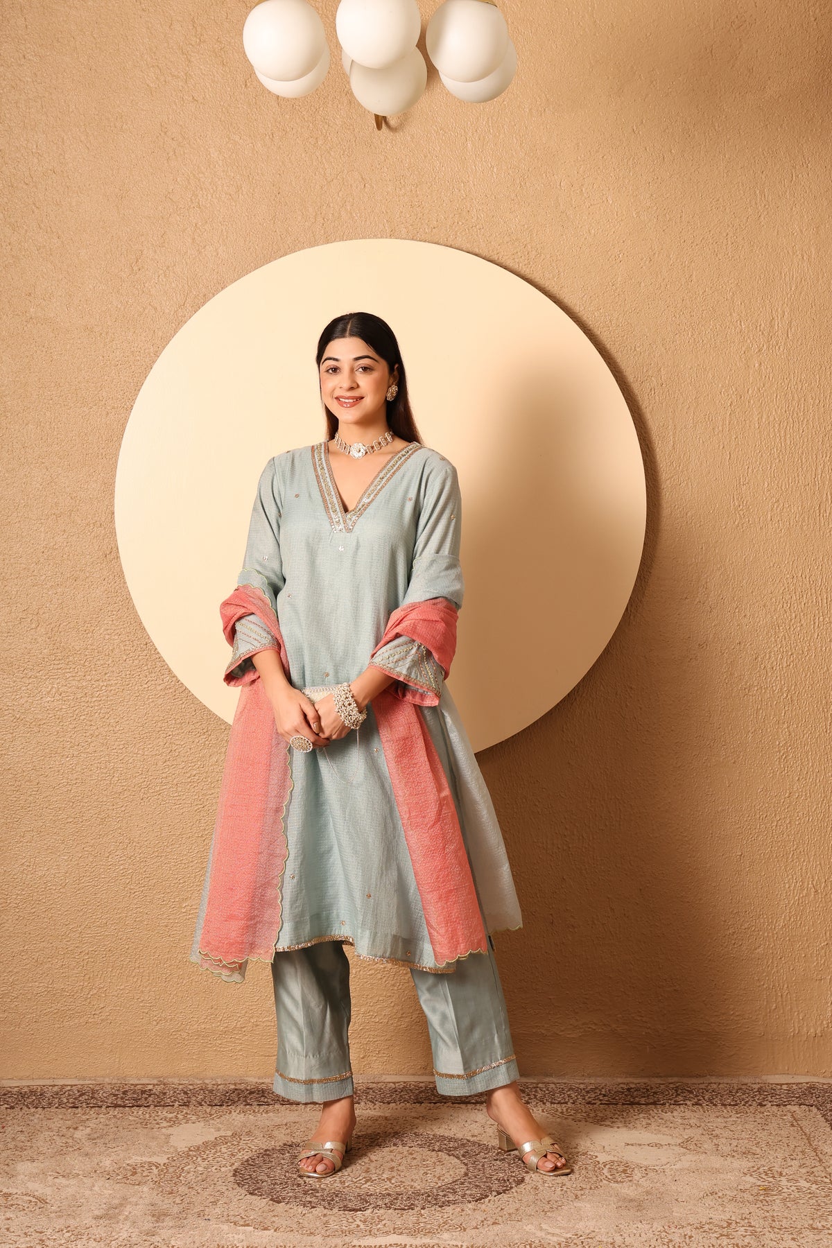 Rooh- Blue Kota Tissue Hand Embroidered Suit