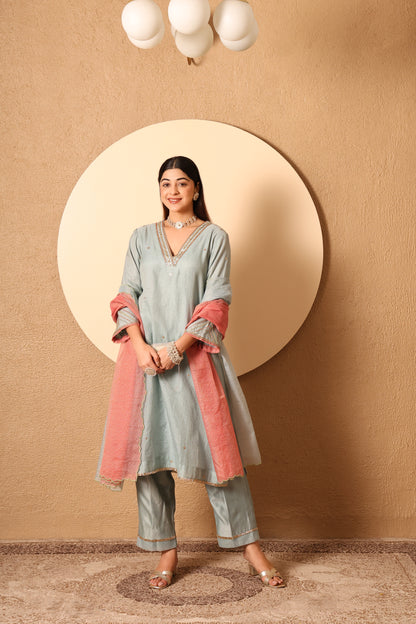 Rooh- Blue Kota Tissue Hand Embroidered Suit