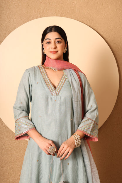 Rooh- Blue Kota Tissue Hand Embroidered Suit