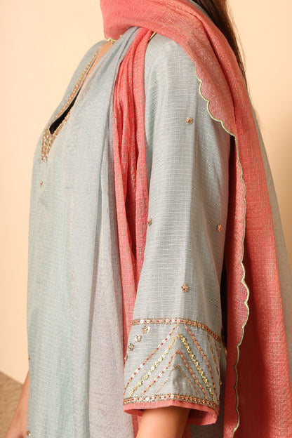 Rooh- Blue Kota Tissue Hand Embroidered Suit