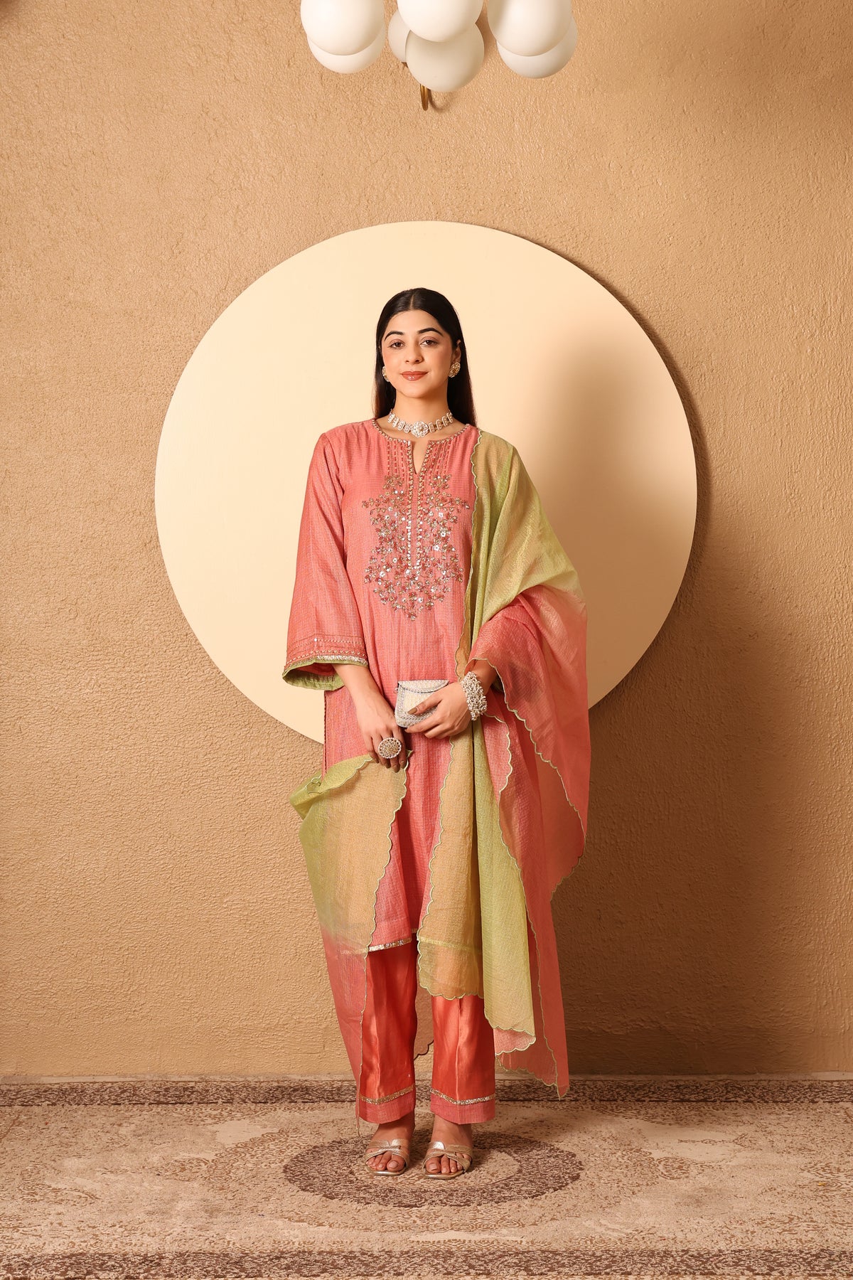 Adaa- Coral Kota Tissue Hand Embroidered Suit