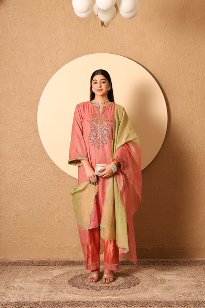 Adaa- Coral Kota Tissue Hand Embroidered Suit