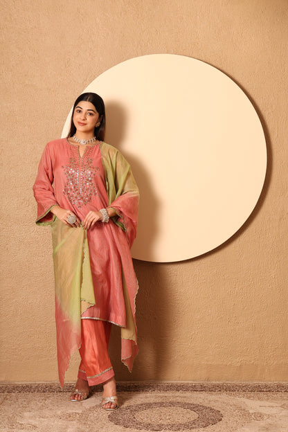 Adaa- Coral Kota Tissue Hand Embroidered Suit