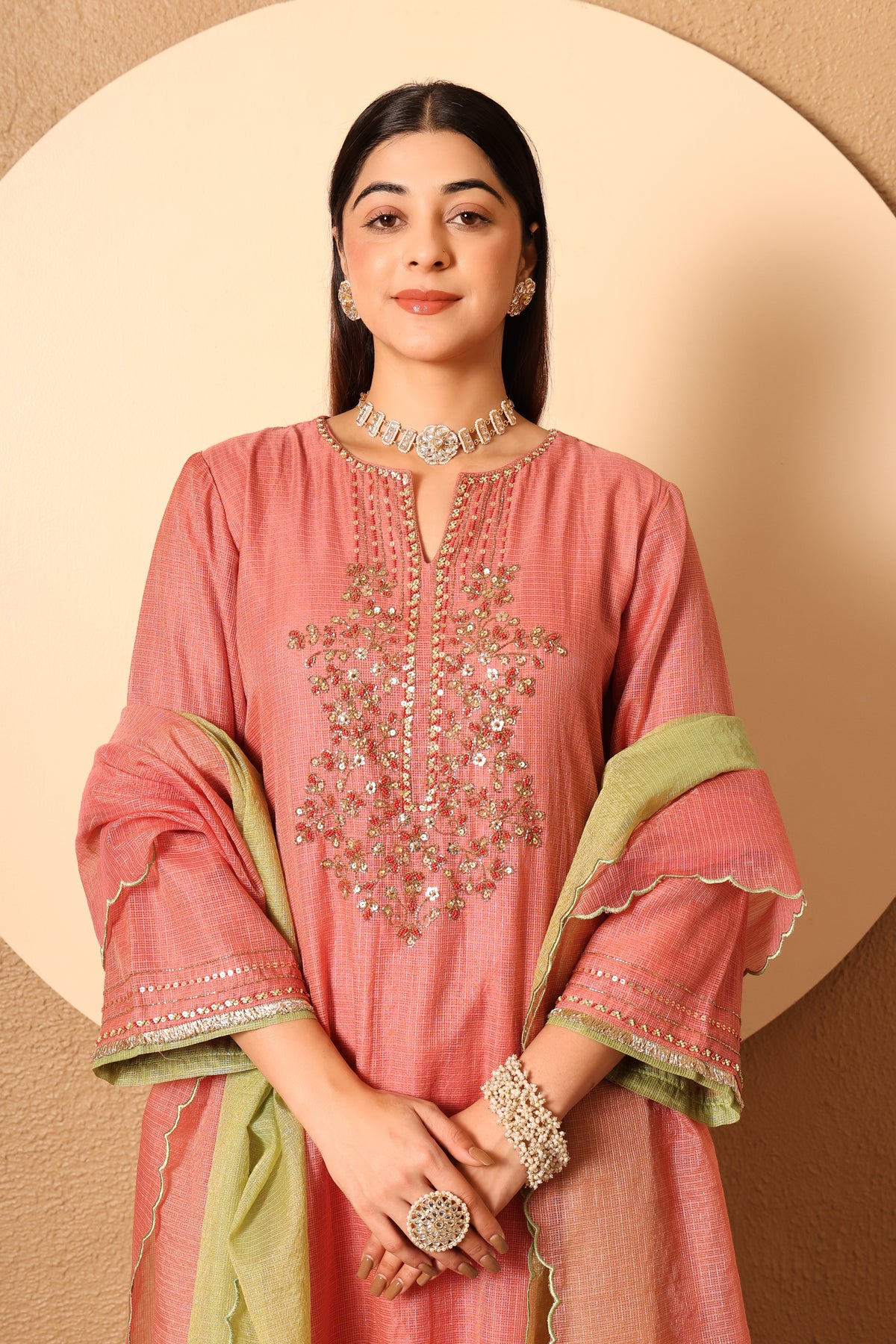 Adaa- Coral Kota Tissue Hand Embroidered Suit
