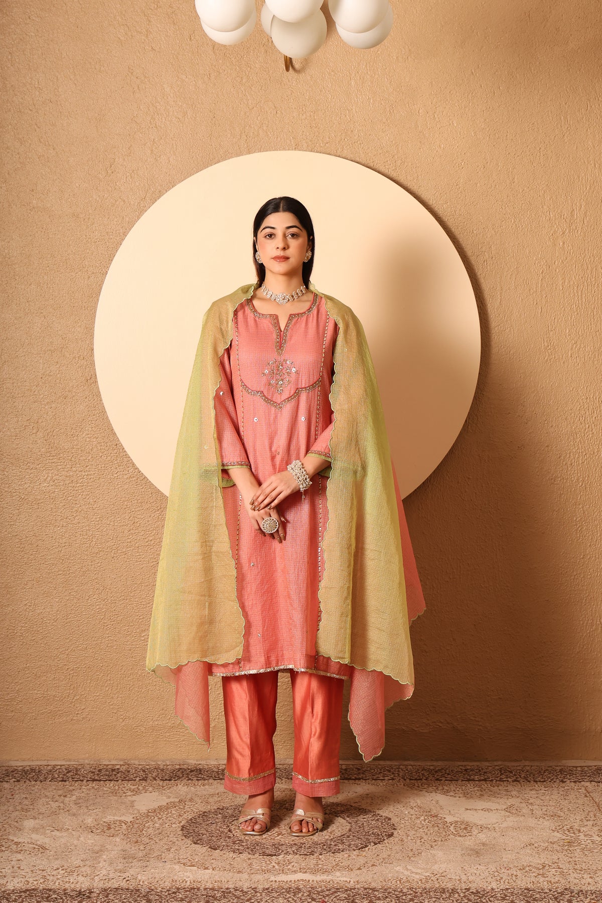 Vanya- Coral Kota Tissue Hand Embroidered Suit