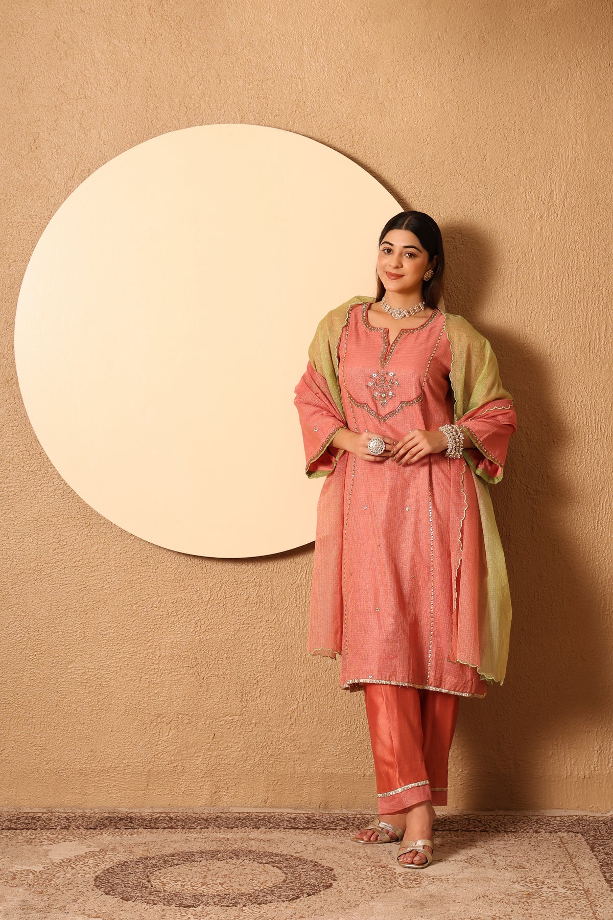 Vanya- Coral Kota Tissue Hand Embroidered Suit