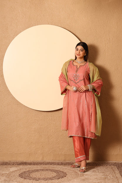 Vanya- Coral Kota Tissue Hand Embroidered Suit