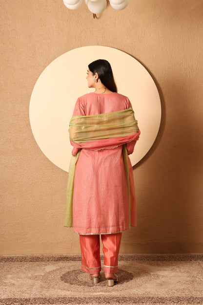 Vanya- Coral Kota Tissue Hand Embroidered Suit