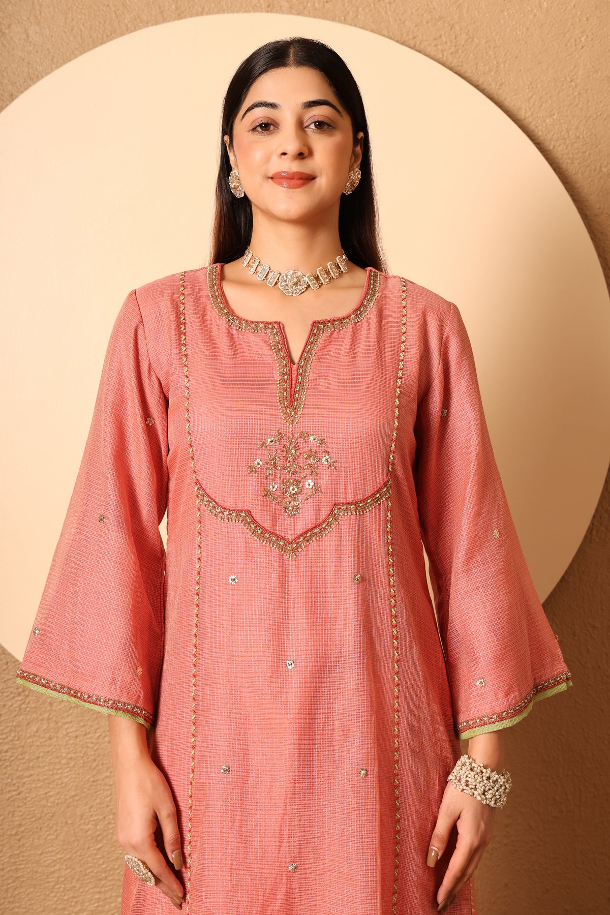 Vanya- Coral Kota Tissue Hand Embroidered Suit