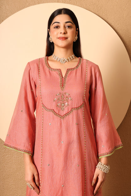 Vanya- Coral Kota Tissue Hand Embroidered Suit