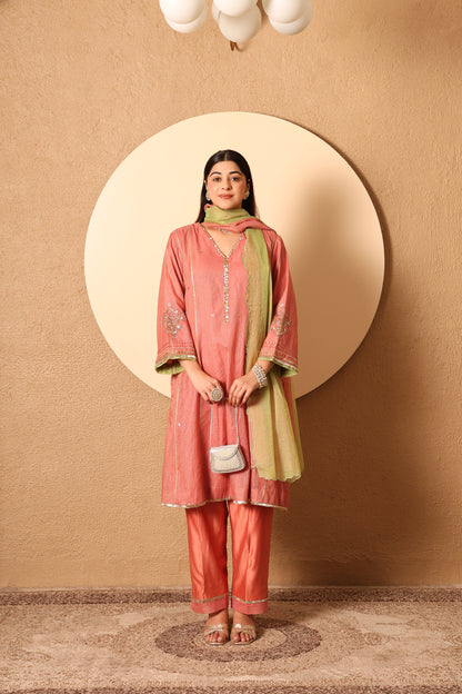 Arohi- Coral Kota Tissue Hand Embroidered Suit (Copy)