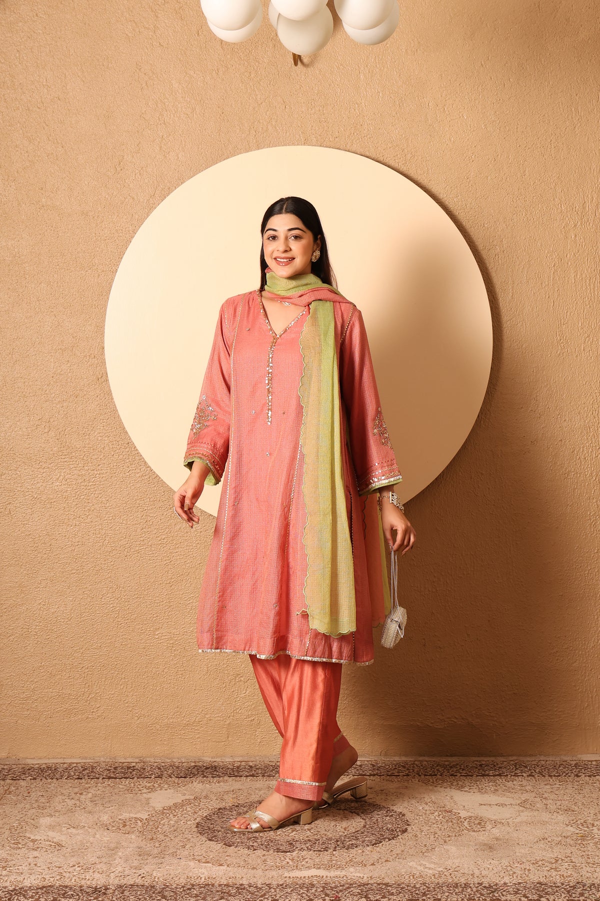 Arohi- Coral Kota Tissue Hand Embroidered Suit (Copy)