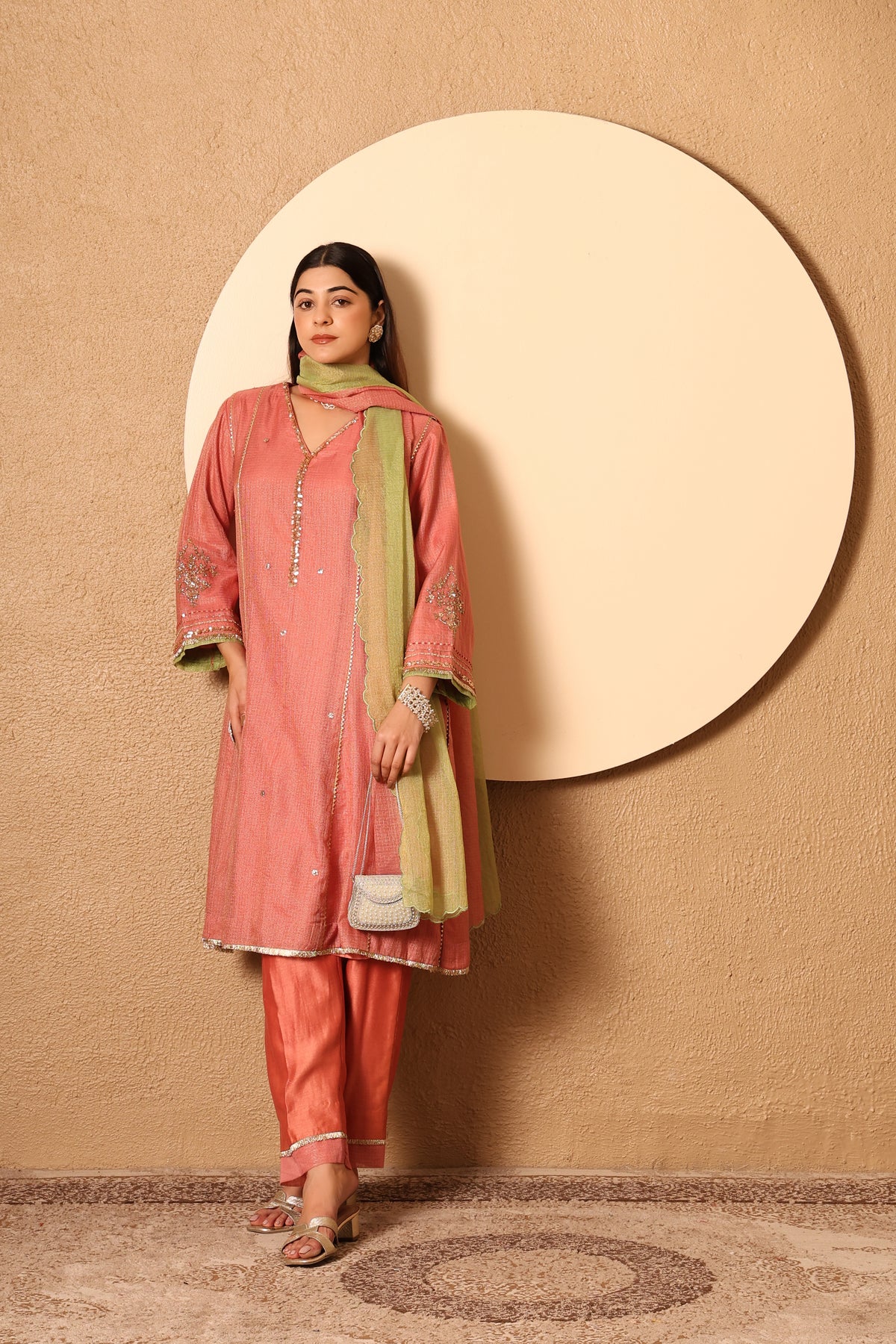 Arohi- Coral Kota Tissue Hand Embroidered Suit (Copy)