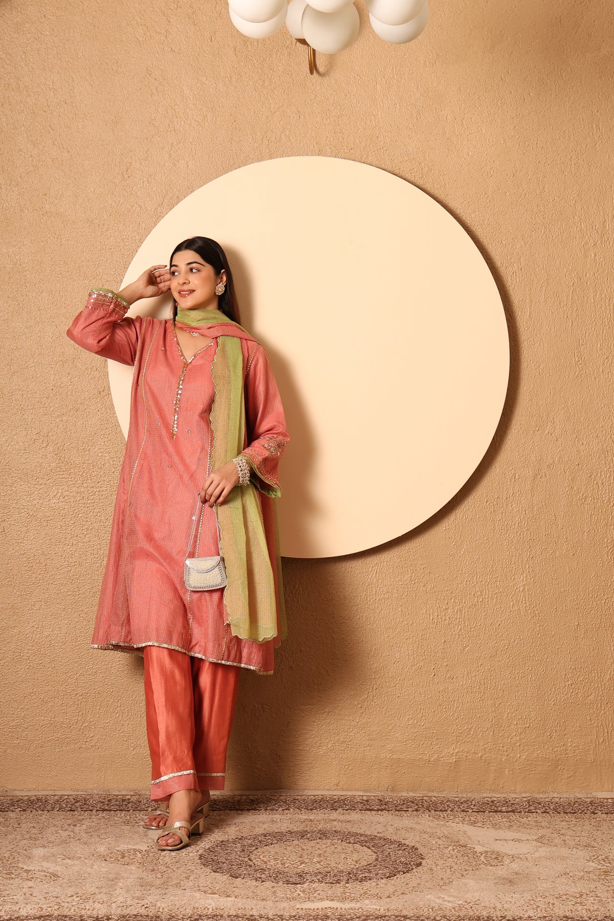 Arohi- Coral Kota Tissue Hand Embroidered Suit (Copy)