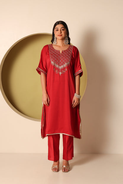 Siya- Red Satin kaftan and chanderi silk pants Set