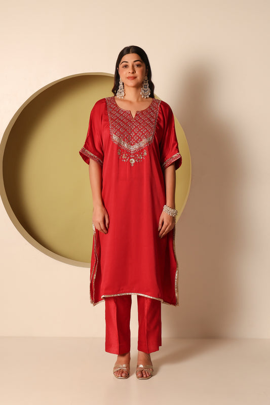 Siya- Red Satin kaftan and chanderi silk pants Set