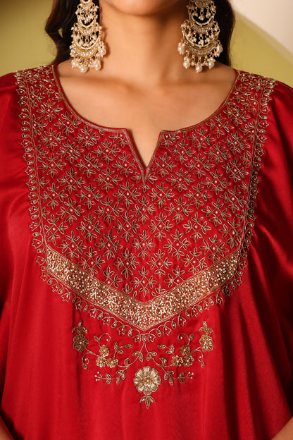 Siya- Red Satin kaftan and chanderi silk pants Set