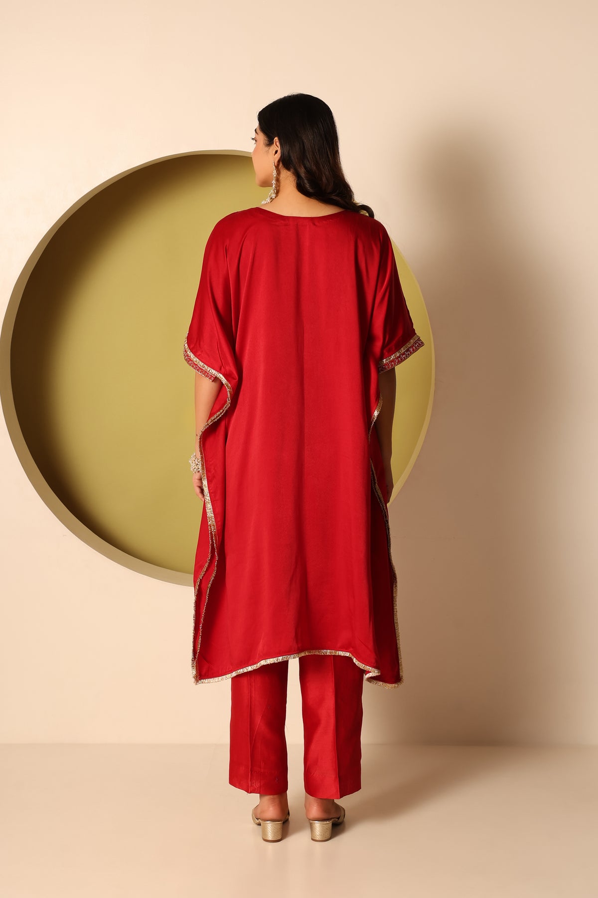 Siya- Red Satin kaftan and chanderi silk pants Set
