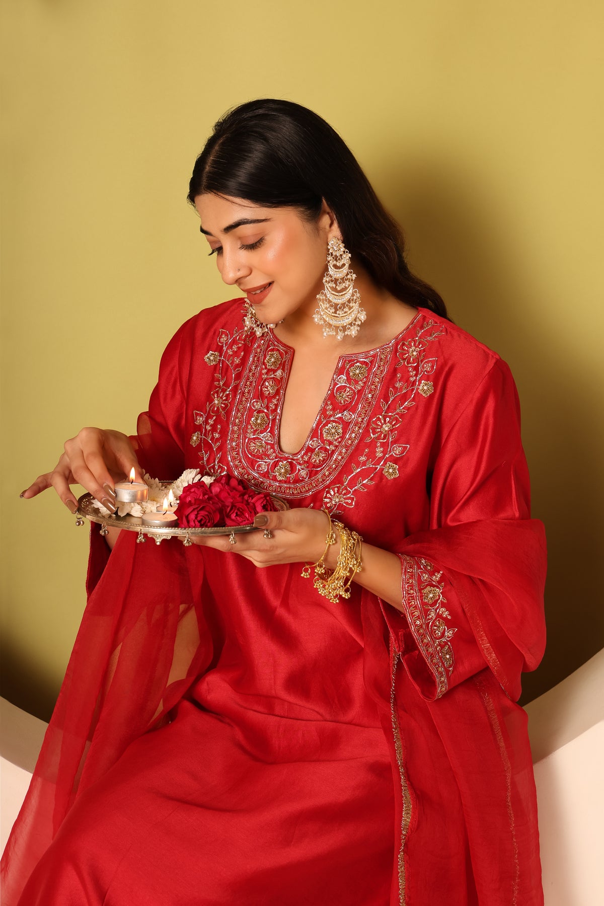 Zoya- Red chanderi silk Kurta, pants and organza silk Dupatta Set