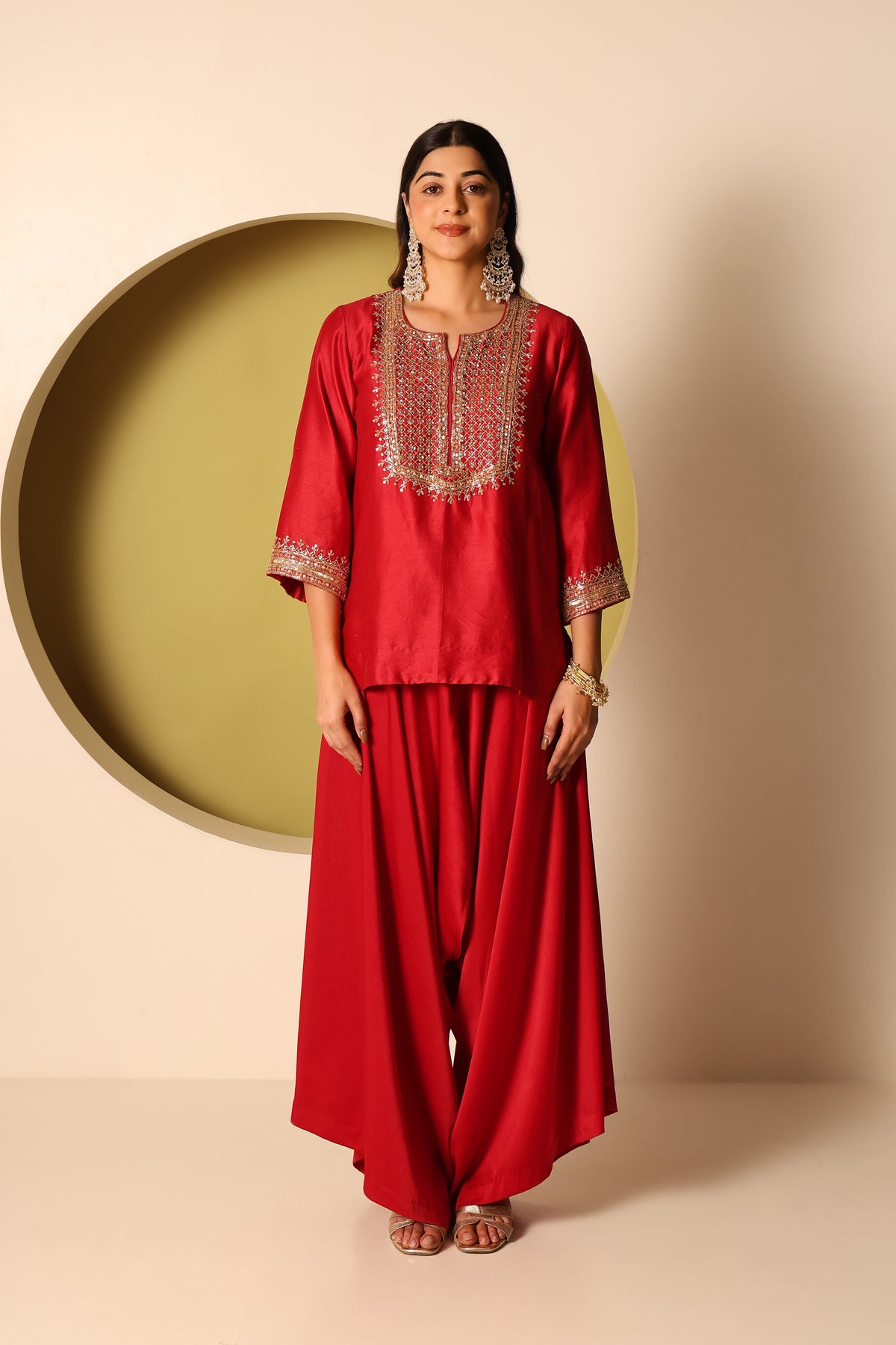 Anvi- Red chanderi silk Short Kurta with Satin Balloon pants Set