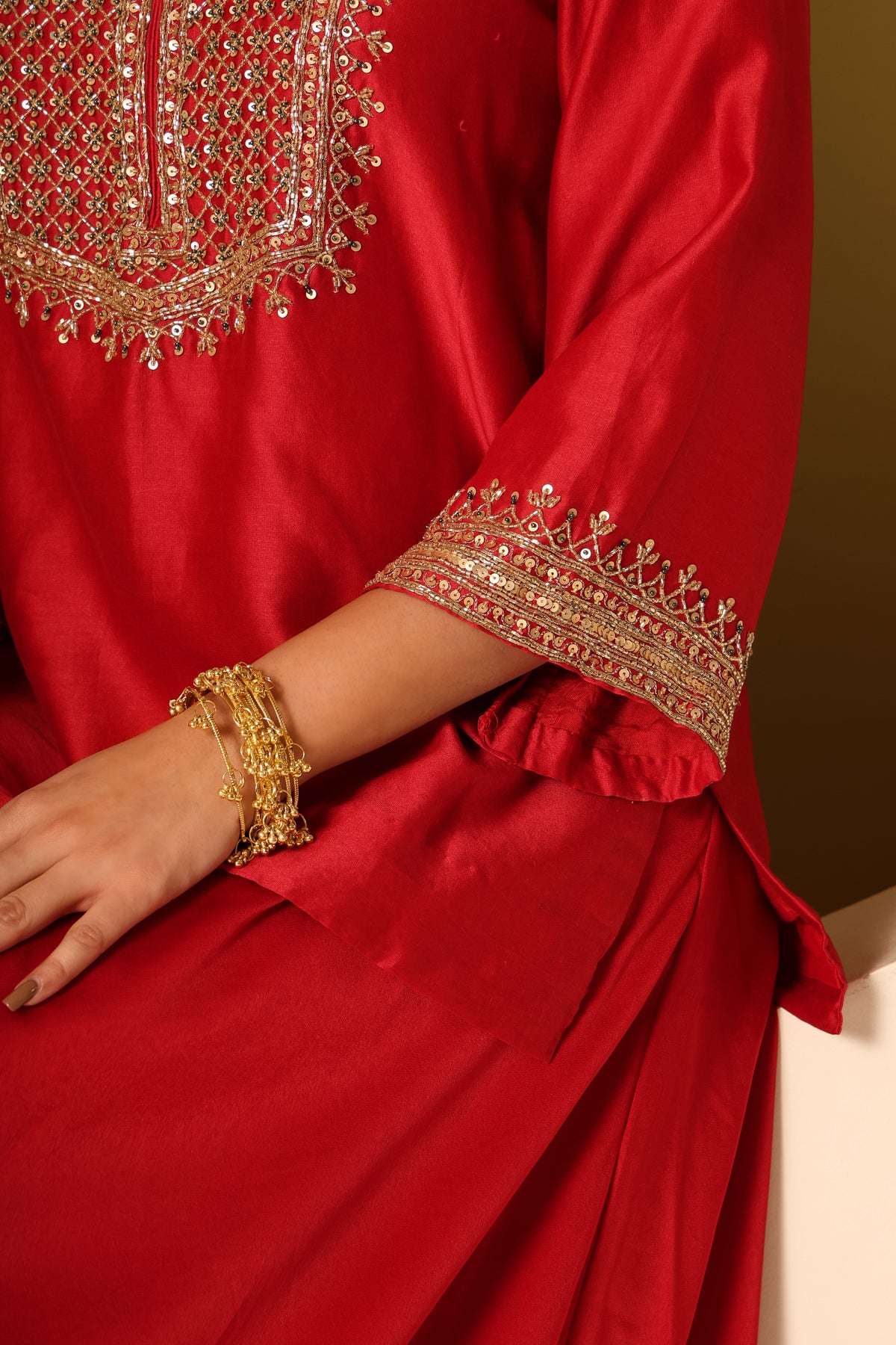 Anvi- Red chanderi silk Short Kurta with Satin Balloon pants Set