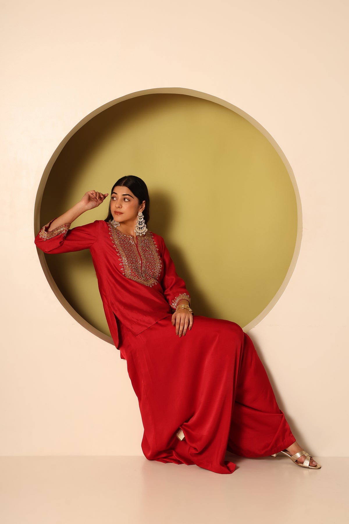 Anvi- Red chanderi silk Short Kurta with Satin Balloon pants Set