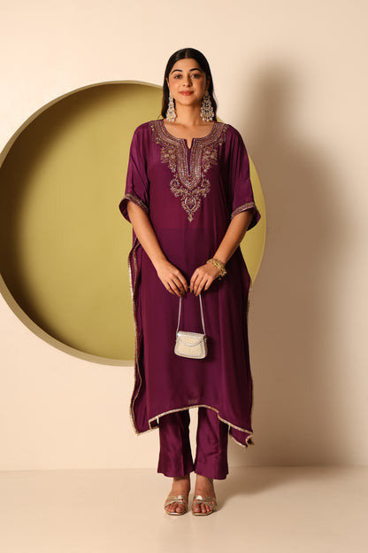 Myra- Purple Crepe kaftan and chanderi silk pants Set