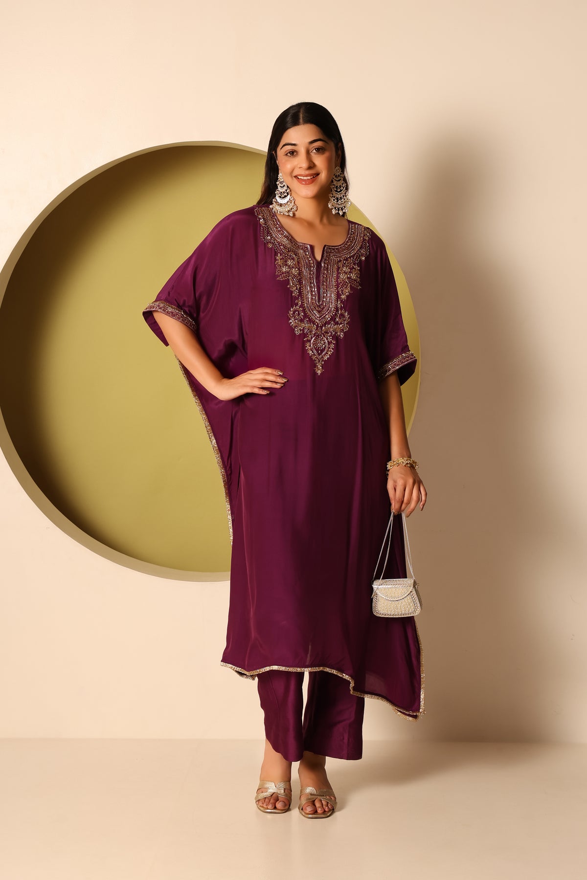 Myra- Purple Crepe kaftan and chanderi silk pants Set