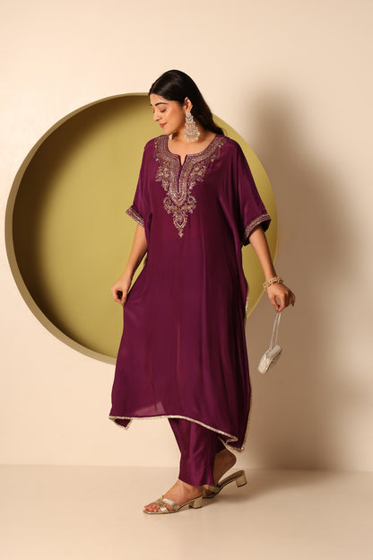 Myra- Purple Crepe kaftan and chanderi silk pants Set