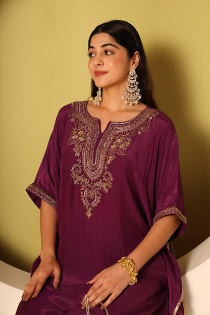 Myra- Purple Crepe kaftan and chanderi silk pants Set